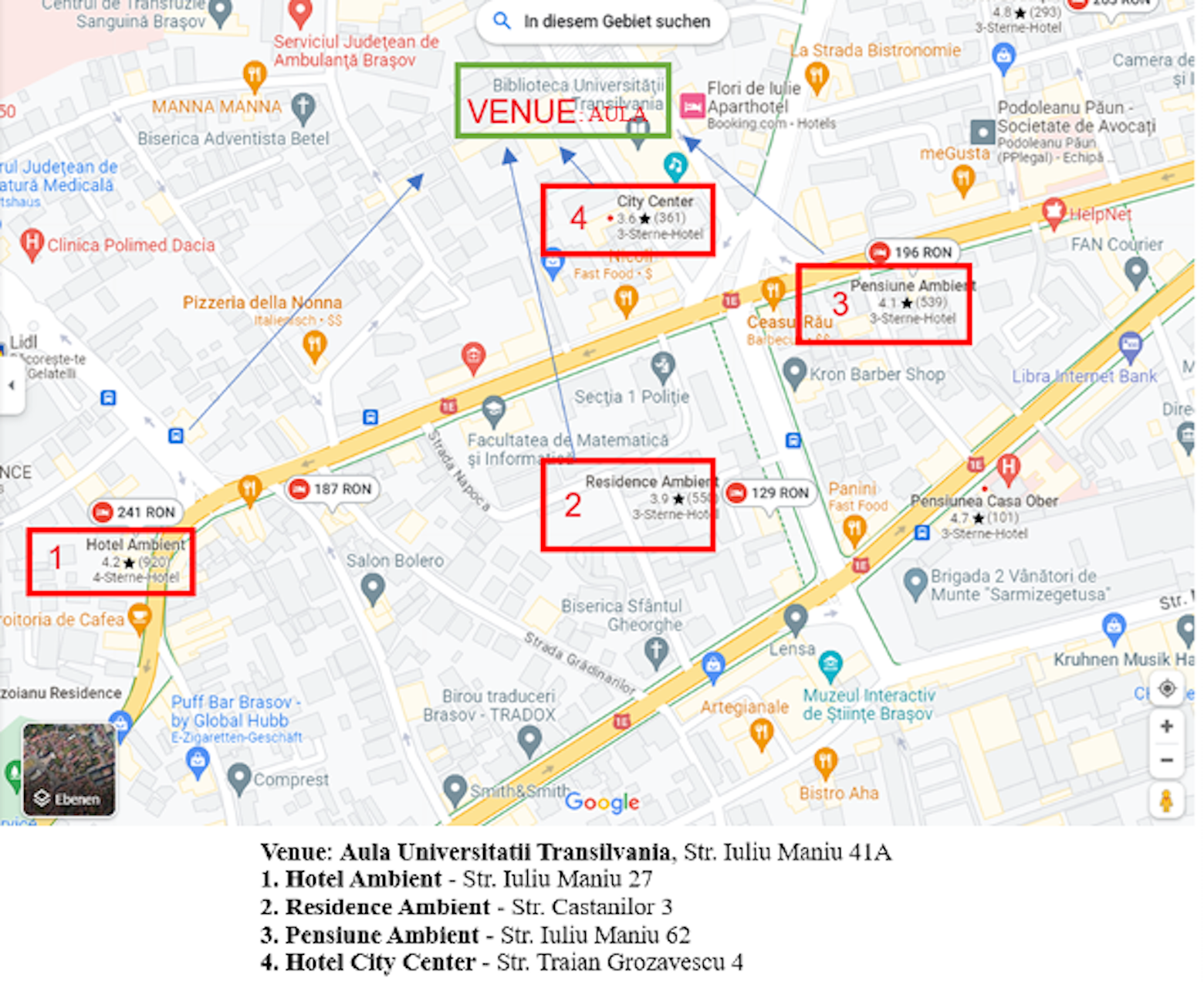 map with venue and hotels